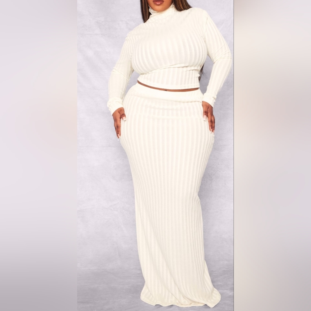 Plus Cream Rib Knit Turtleneck Top And Maxi Skirt Set